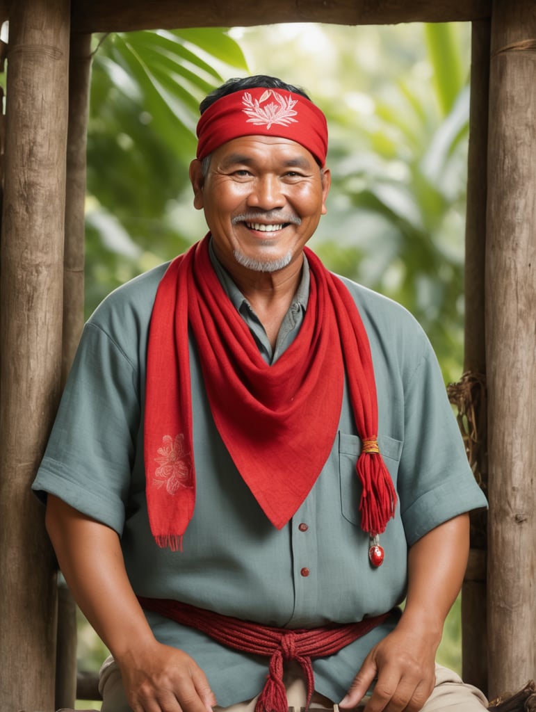 old male chubby filipino healer with red bandana. front faced, full body. thick eyebrows. brown skin. wearing an amulet. looks like a seller of healing oil and herbal leaves. inside a bahay kubo. cheerful personality