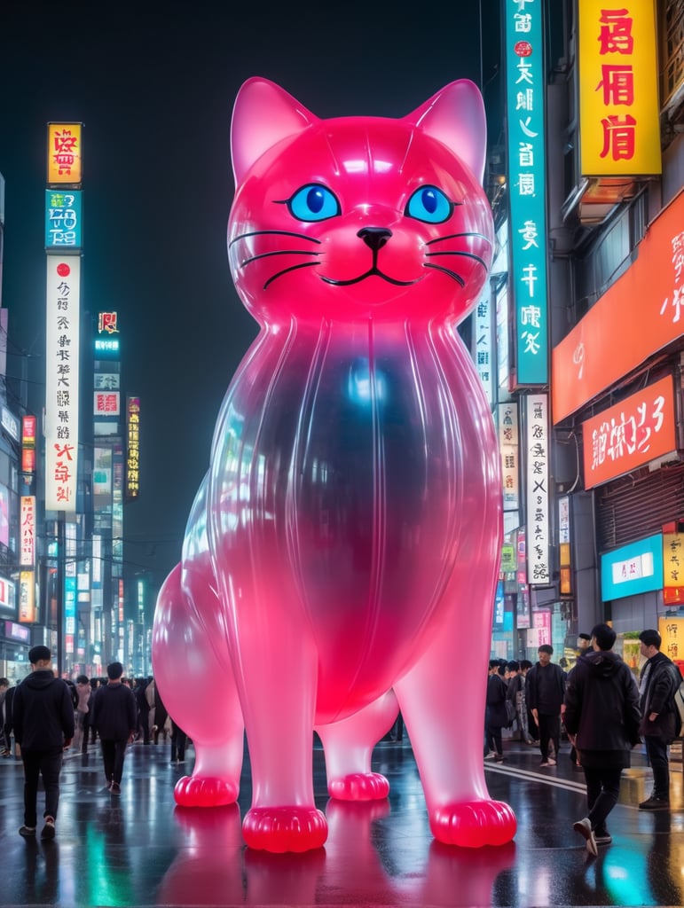 A giant Japanese gummy cat, translucent, 4 stories tall, walking through Tokyo at night, neon rainy city, cyberpunk, techno city