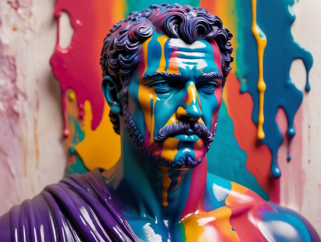 greek male bust with colorful paint, melted, the paint is flowing, aesthetic background