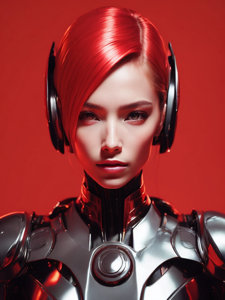 Portrait of an android girl made of red glossy material, sharp highlights, red background, Vivid saturated colors, Contrast color