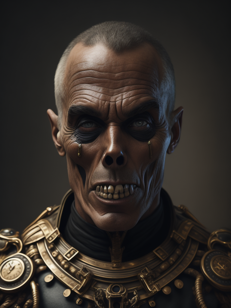 the man with a hollow face and a metallic jaw, in the style of realistic still lifes with dramatic lighting, gothpunk , made of torn latex, dark conplementary colors, photographically detailed portraitures, cynical, macabre, theatrical gestures