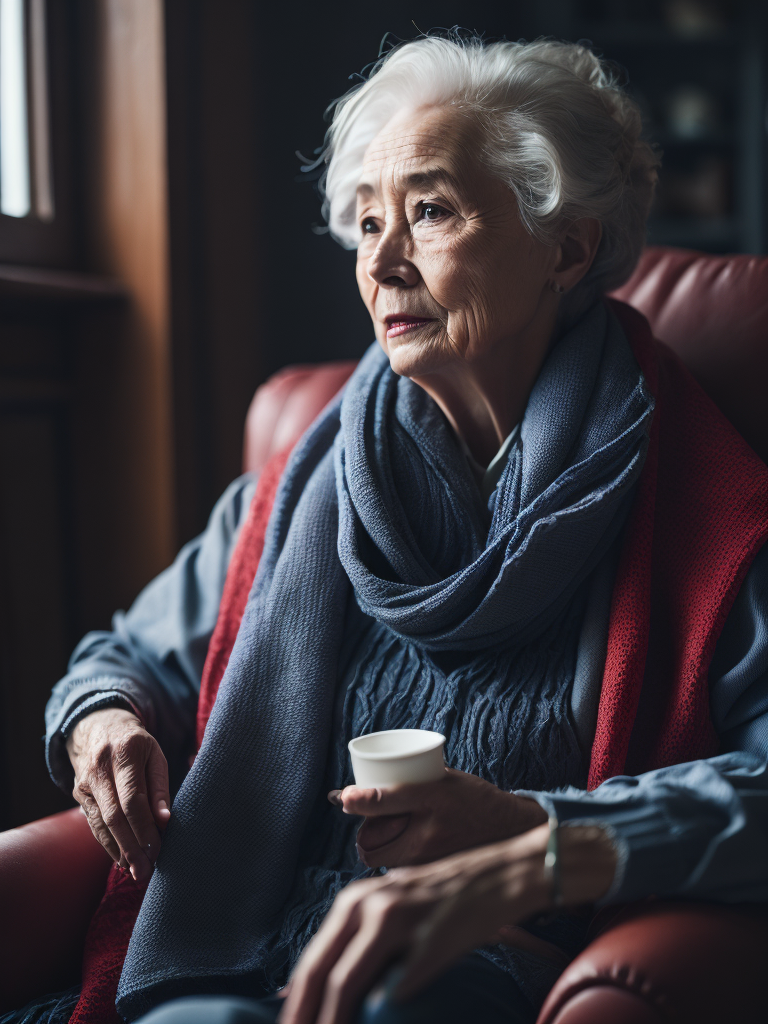 Grandma is sitting in an armchair, knitting a scarf
