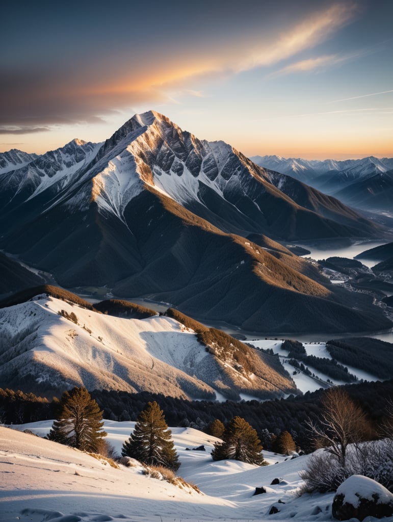 Sunrise in snowy mountains