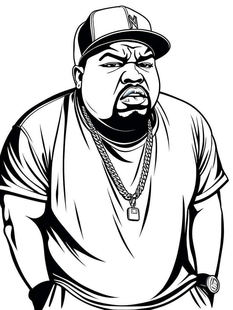 angry fat black rapper, in the style of basic simple line art vector comic art on white background