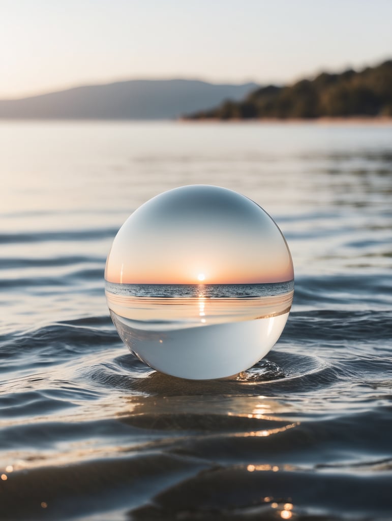 minimal, simple white sphere hover above the water, just the horizon on the background