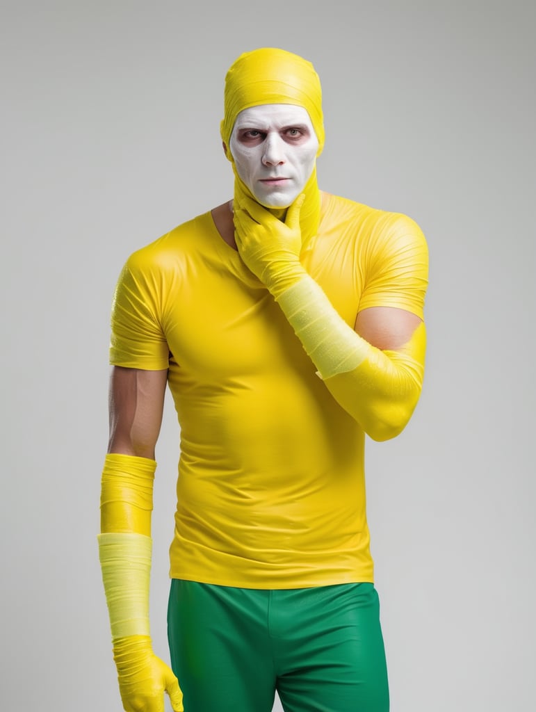 A photograph of man covered in yellow bandages with realistic style, halloween costume, green background, full body, show hands, show neck and head