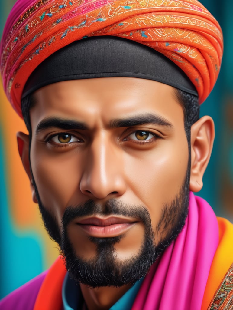 ortrait of muslim men , ultra realism, super detailed, neon colors, magazine cover, professional shot, magazine photography, bright saturated colors, sharp focus, highly detailed