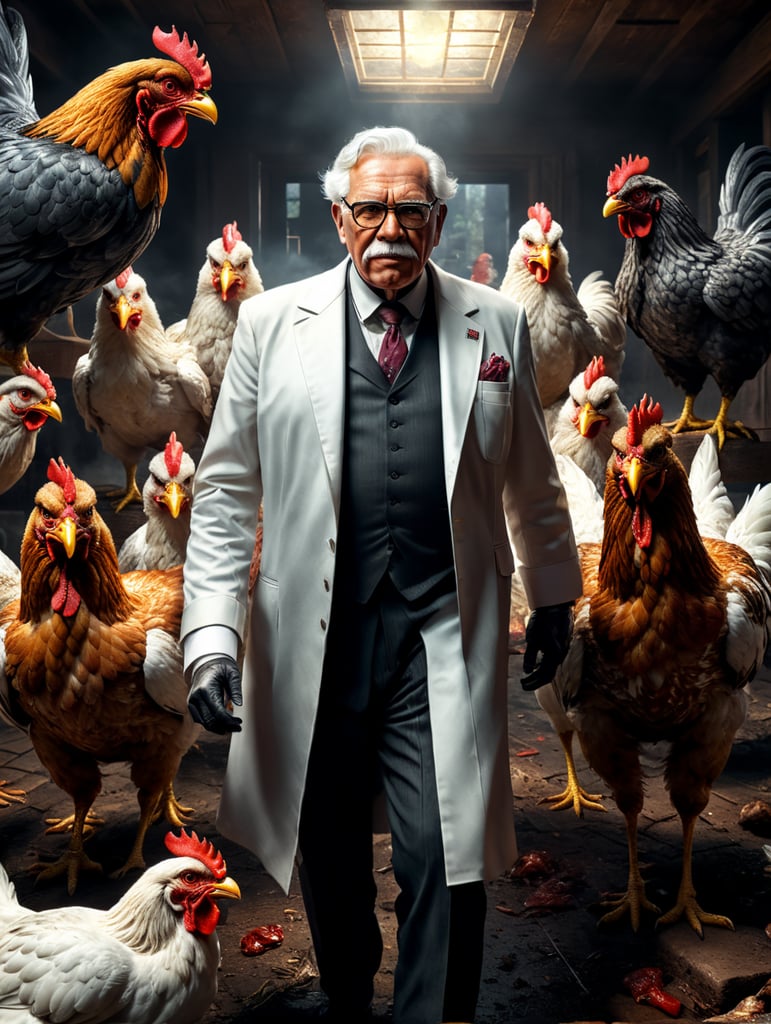 Colonel Sanders as an evil character surronded by chicken, dark and scary scene