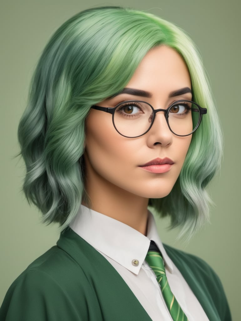 Kind faced female teacher with green hair