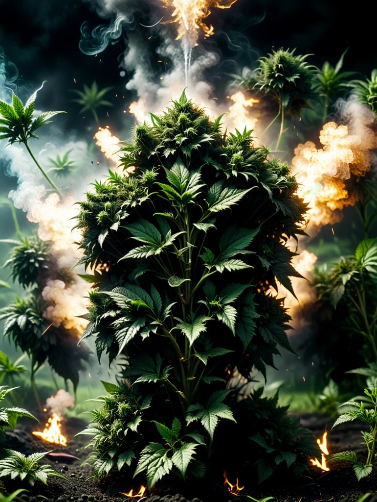 marijuana plants and field exploding weed leaves floating in the green black ground, smoke 4k photo-realistic