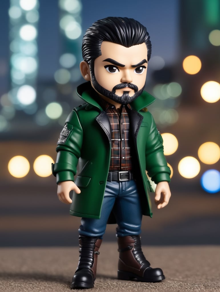 Crear carro nissan almera hatchback dos puertas, color plata, cofre y toldo negro, rines negros, vidrios polarizados, modelo 2002. A un lado un funko pop hombre medio gordo, cabello negro corte semilargo de lado, chamarra piel negra, camisa de cuadros verde, pantalón azul marino, botas café. De fondo una ciudad a oscuras con muchas luces.