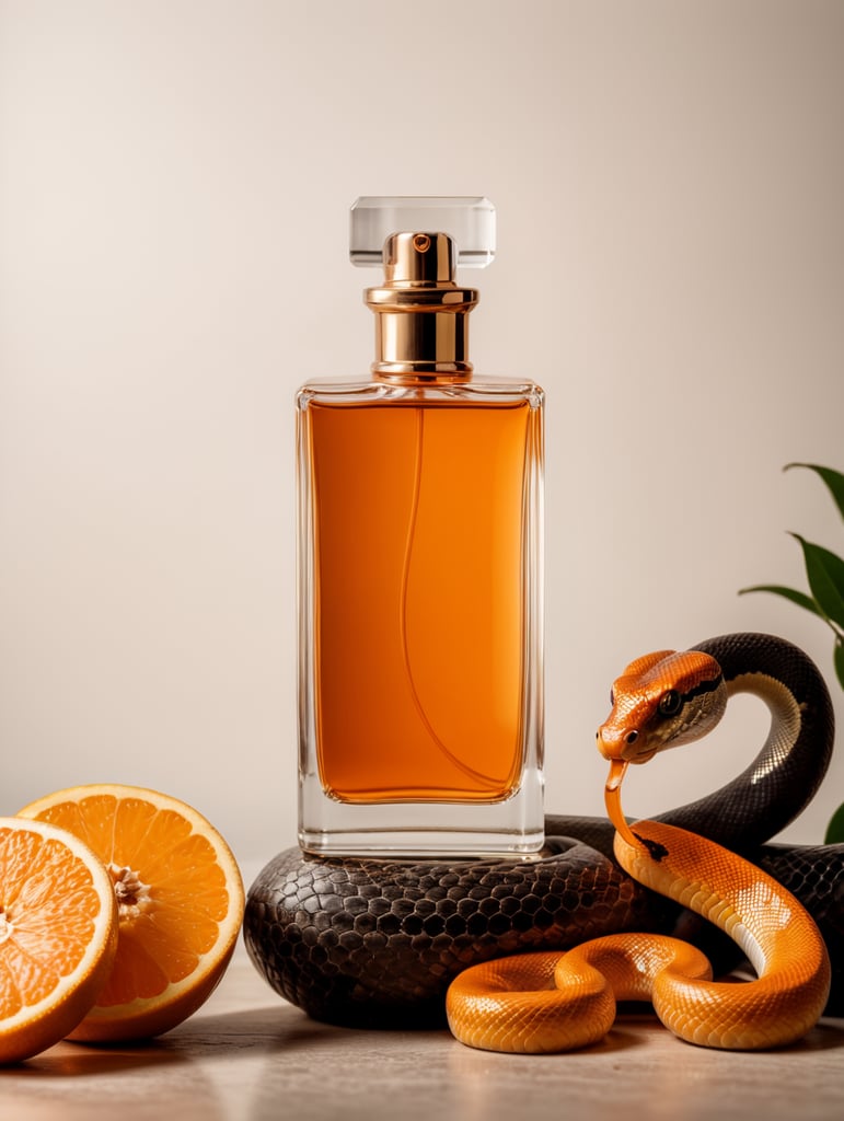 Minimalist orange perfume bottle, snake next to bottle