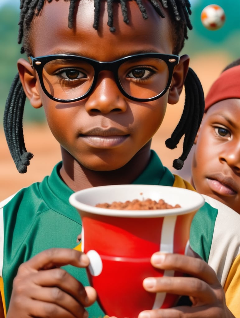 Show picture showing a black boy playing football in Africa