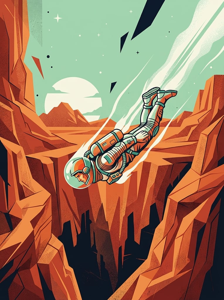 retro sci-fi astronaut diving through geometric terracotta canyons, bubble helmet, twin white vapor trails streaming from boots, angular layered rocks in warm orange and red tones, pale mint green sky, dark jagged silhouettes below, mid-century modern vector art, stippled grain texture, dynamic diagonal composition