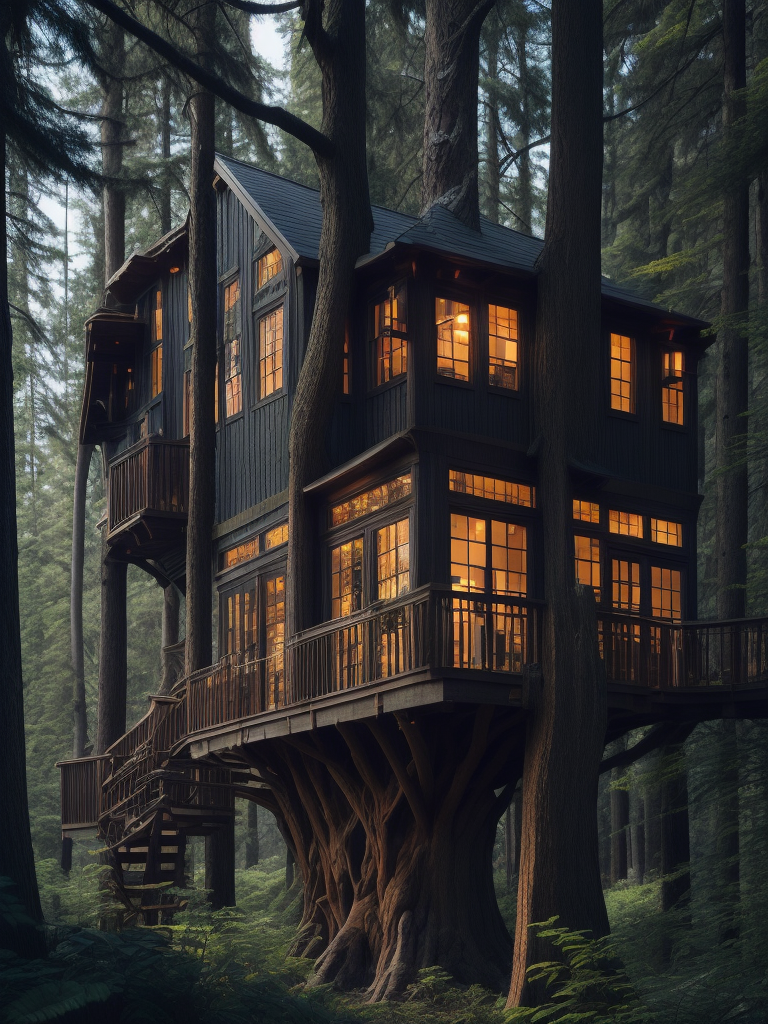 Treehouse with big windows in lush forest, intricate woodworking, incredible details