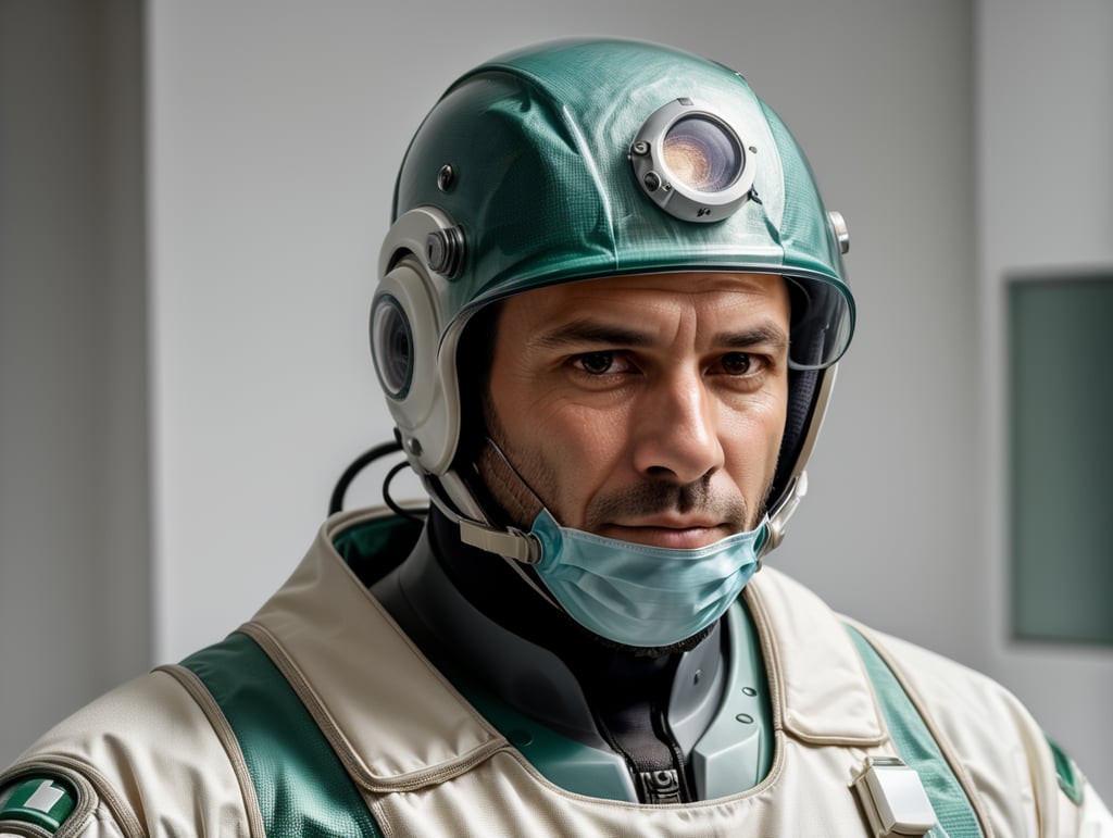 A realistic photo of a man wearing medical protective suit, isolated, white background