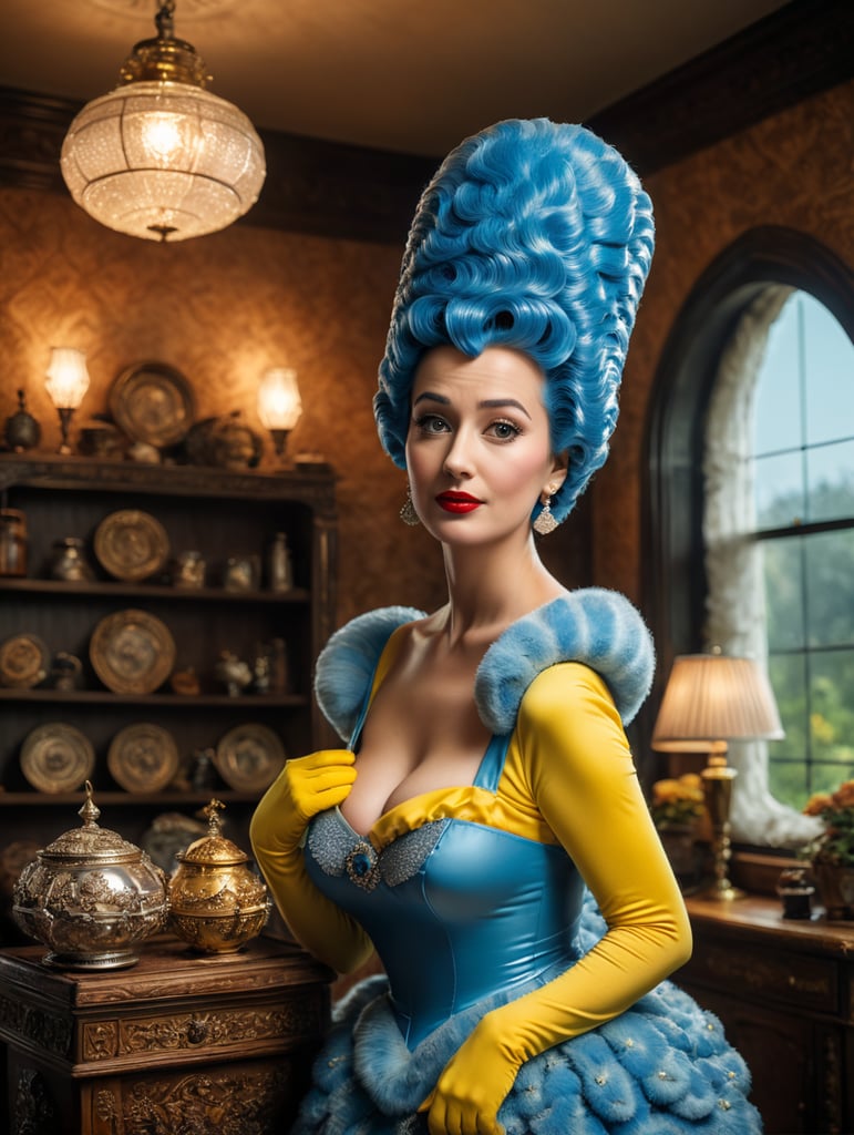 Photorealistic, Photograph of woman in a Marge Simpson costume, Simpsons TV haute couture, 1950s housewife, hirsute, magic, dream sequence, vibrant, hyper-realistic photograph, dreamlike figure, etherial figure, higher consciousness, shot with Canon EOS R5 RF 100mm F2. 8L MACRO IS USM,