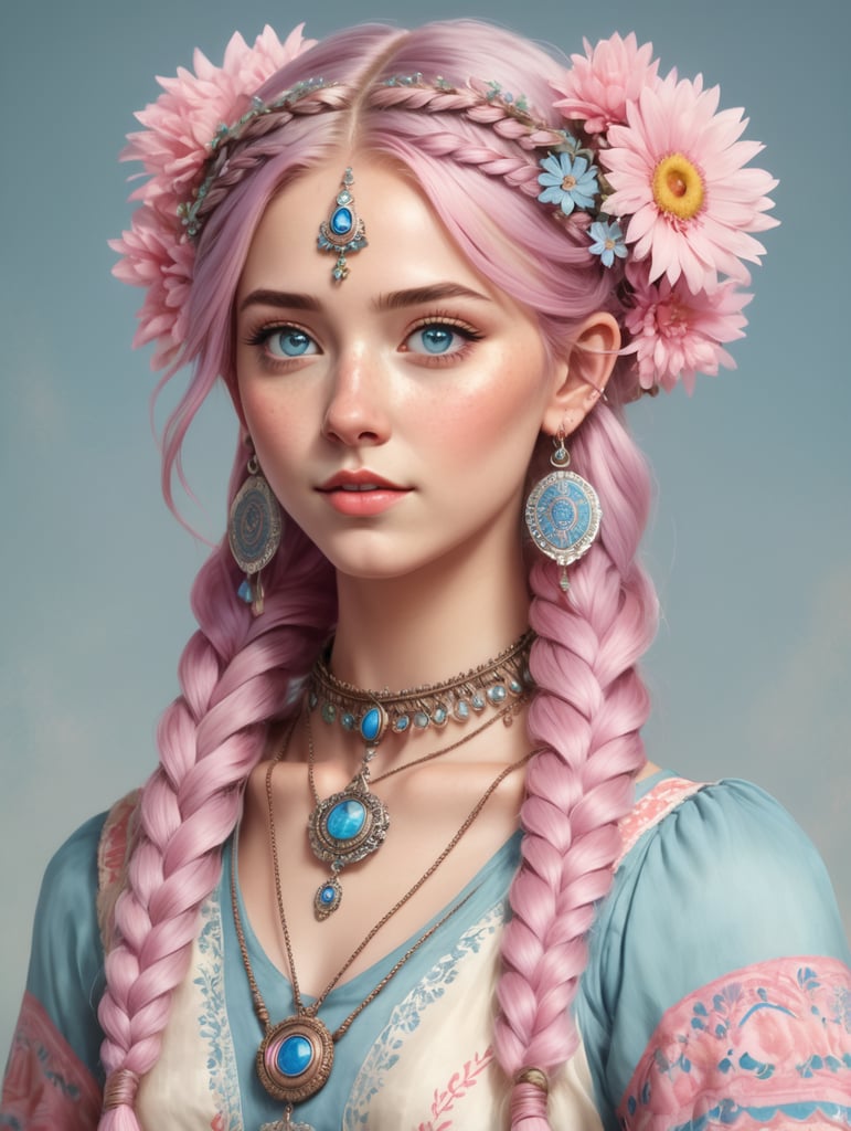 In RPG character drawing style. Young human woman with clearly visible llama ears holding aloft on her head. She has blue eyes. Pink hair styled in two braids. She wears an old medallion around her neck where a flower is represented. Her head is topped with a simple flower crown. She is wearing a long, light bohemian style dress with a floral pattern.