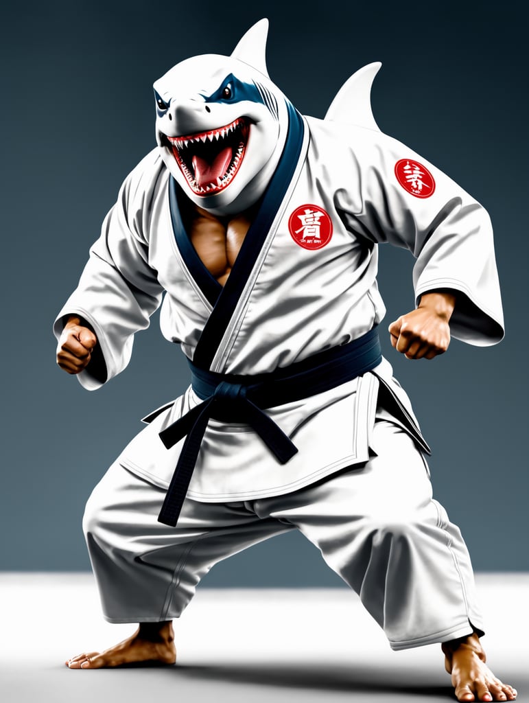 humanoid shark in judo kimono stay in action pose and angry face