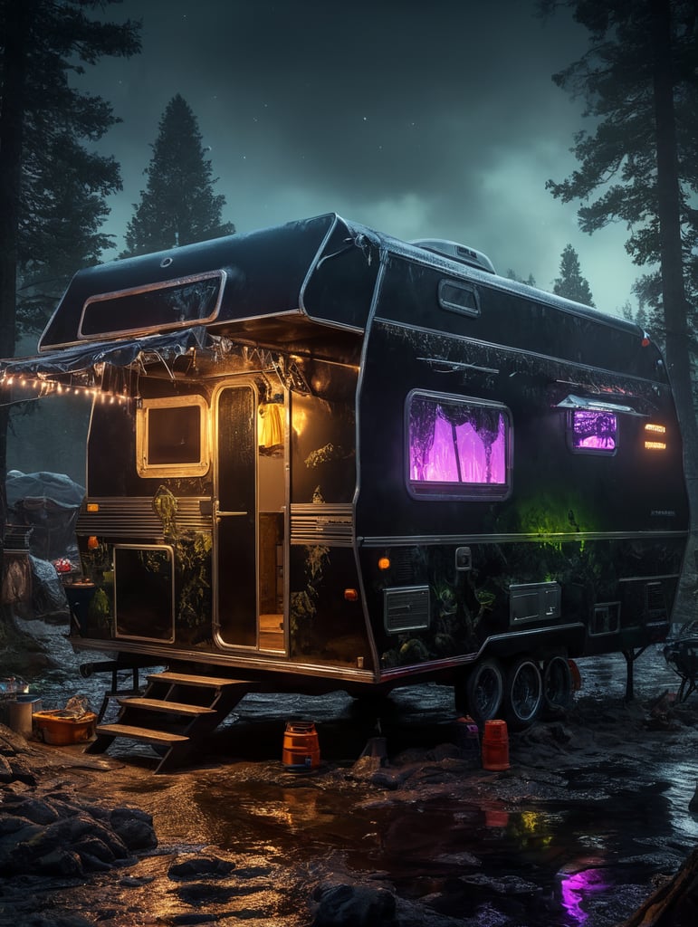 Alien camping trailer made of black alien liquid, translucent with neon lights, liquid dripping from the trailer, dark atmosphere