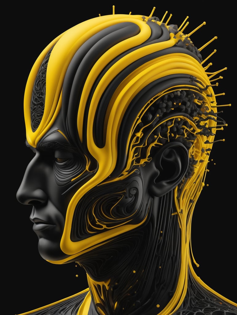 a men head, minimalistic yellow and black organic forms, energy, assembled, layered, depth, alive vibrant, 3D, lines, on a black background