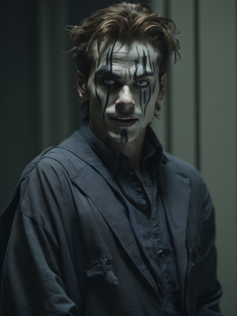 angry clown in a black and white stripes prison jumpsuit uniform