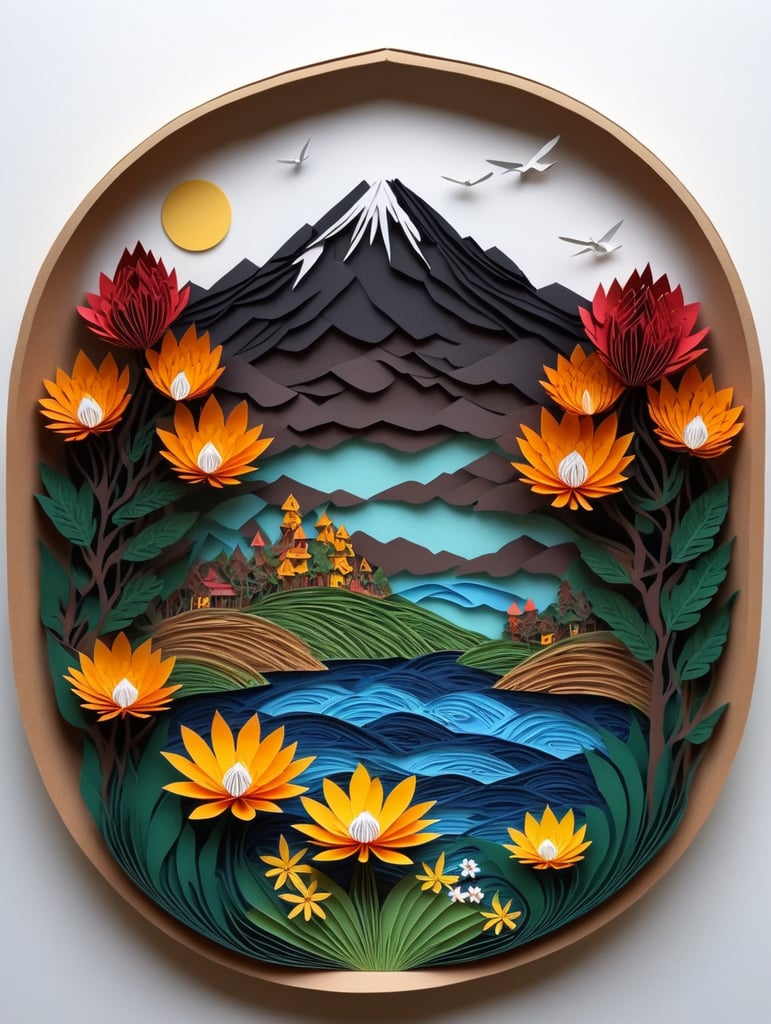 Papercut full color nature with mountain and the baeuty of lake and flower garden