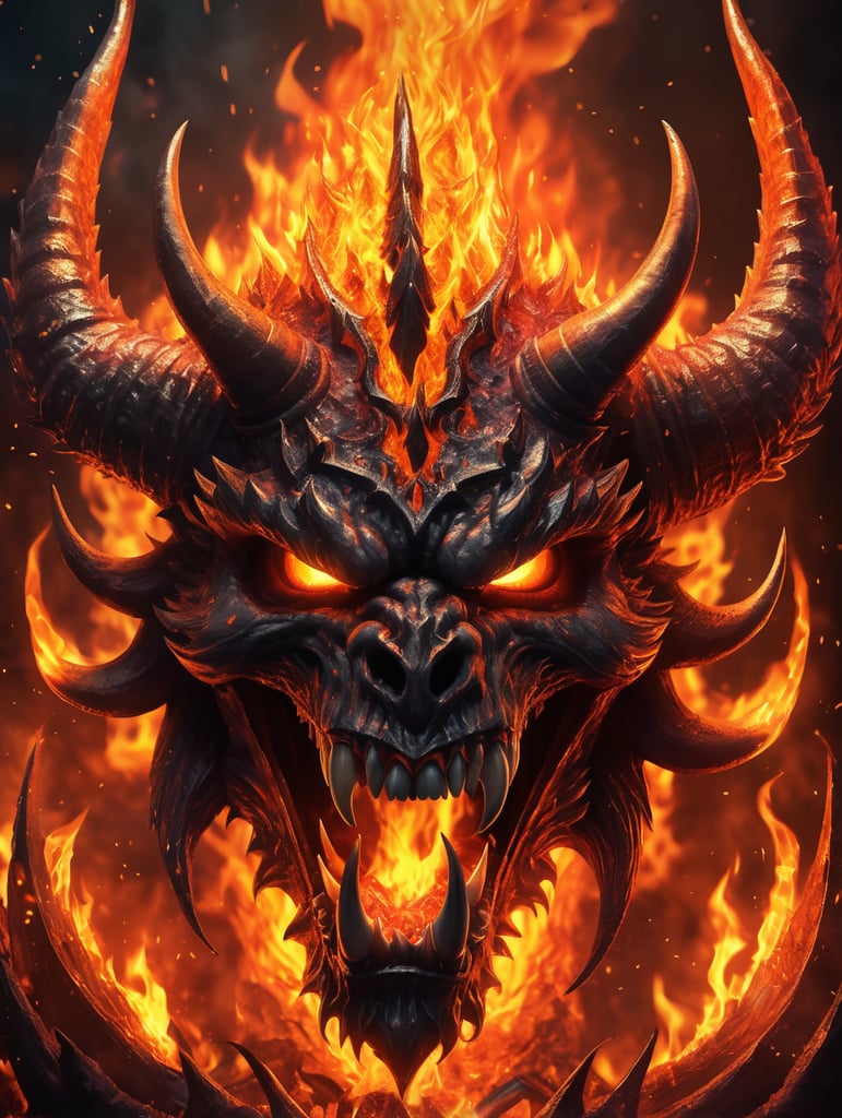 A hellish infernal of fire enveloped in flames. Digital art, finely detailed, masterpiece, high quality, depth of field, ultra HD, vibrant colors, intense colors
