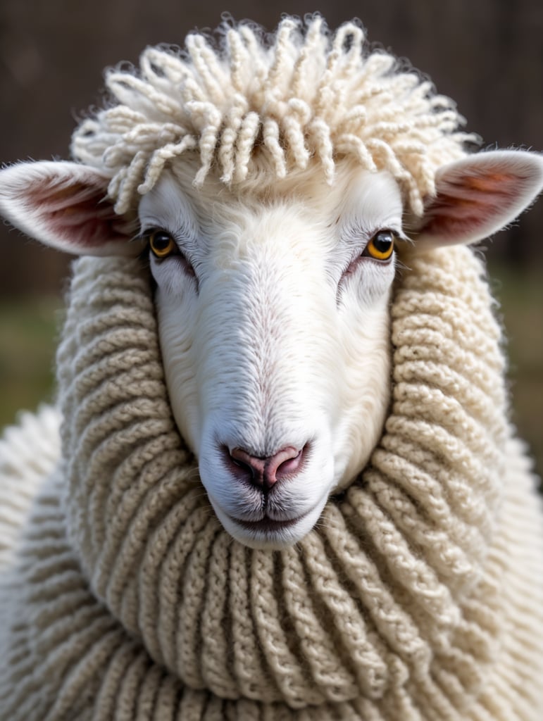 a white sheep wearing very hirsute crocheted sweaters for sheeple, portrait