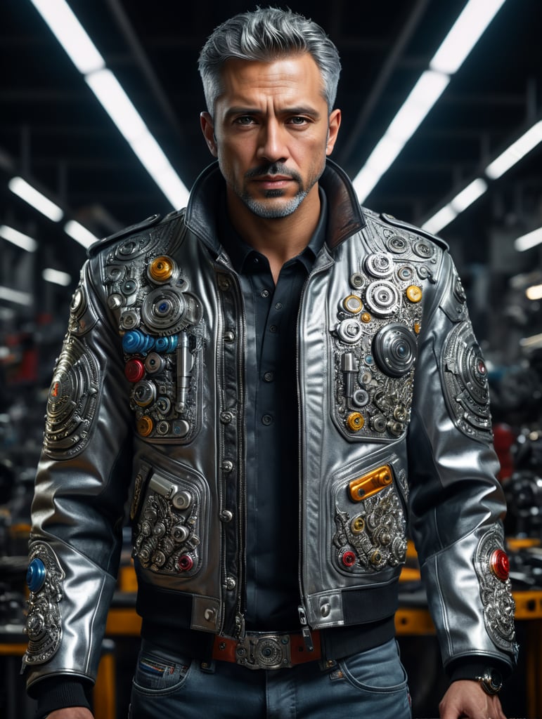 Jacket, futurist, mechanic, silver, shot on leica, fashion portrait, by kith