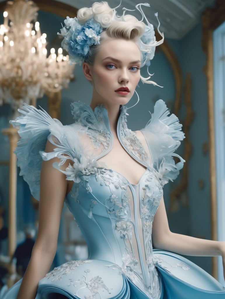 Tim Walker style award winning intrinsic detail dreamscape photo-art high fashion portrait style of a female supermodel with stylized modern hair in John Galliano fashion design in a high fashion studio, hd, 8k