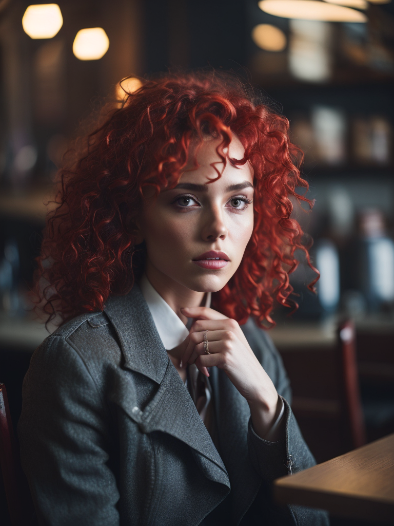 Create a stunning image of a charming young lady with curly red hair, freckles, sitting in a café. The portrait should capture her beauty with exquisite detail and elevated colors.