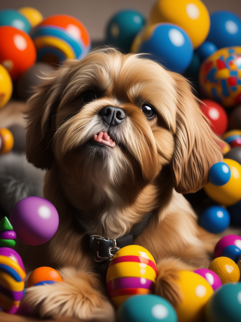 happy female caramel shih tzu dog surrounded by toys with tongue out hyper realistic depth of field colorful bright