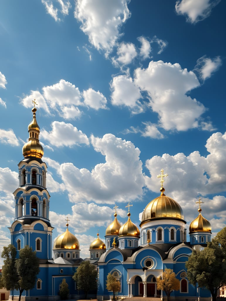 monumental orthodox church, high quality photo, delicate gold detailing, beautiful blue sky, golden dome