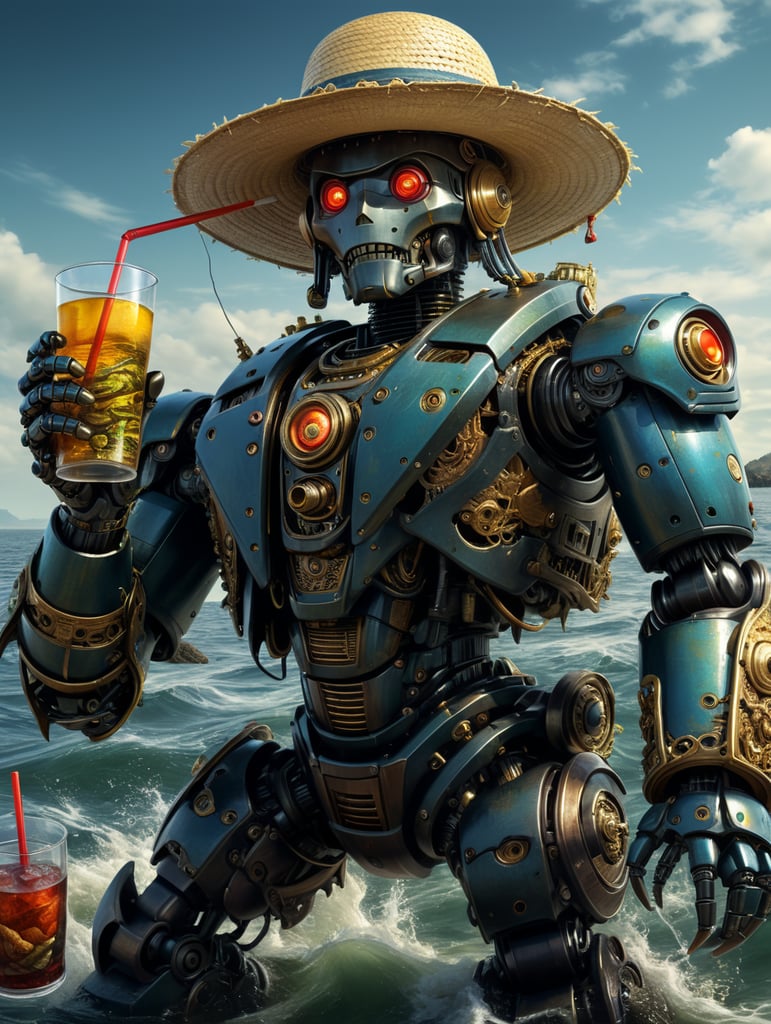 A robot android that catches fish in the sea and wears a straw hat
