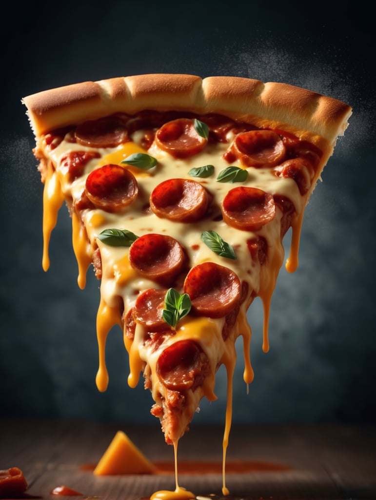 Slice of pizza beef with cheese falling, looking delicious