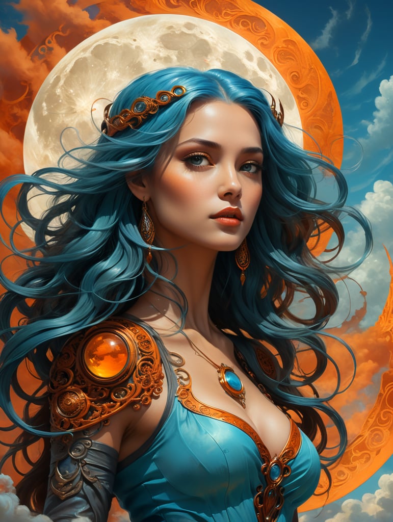 1️⃣ a poster with a woman in the foreground and a moon, in the style of dan mumford, light blue and amber, alexandr averin, gray and bronze, richly colored, close-up, dark orange and azure --ar 2:3 2️⃣ the artwork shows a woman with long hair, in the middle of the moon, in the style of light teal and dark orange, richly detailed art nouveau, sky-blue and amber, limited color palette, bold palette, cinematic atmosphere, emphasis on character design --ar 2:3 3️⃣ the moon over the girl with blue hair and a blue sky, in the style of dark orange and bronze, intricate art nouveau, light teal and dark amber, rich and immersive, swirling vortexes, grandiose color schemes --ar 2:3 4️⃣ an attractive image of a woman in flowing hair with an orange background, in the style of dan mumford, dark gray and azure, richly colored skies, imaginative characters, poster art, stone, light azure and dark amber --ar 2:3