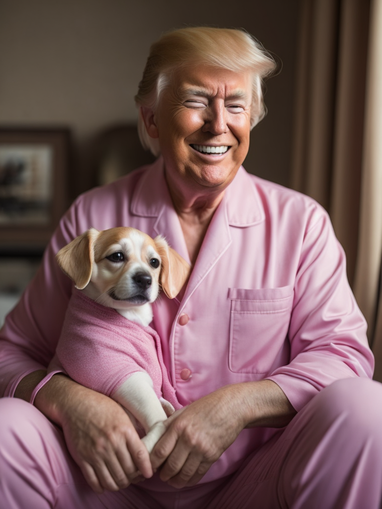 Donald Trump in pink pajamas laughing, holding a cute little dog in his hands, bright and saturated colors, detailed portrait, realistic style