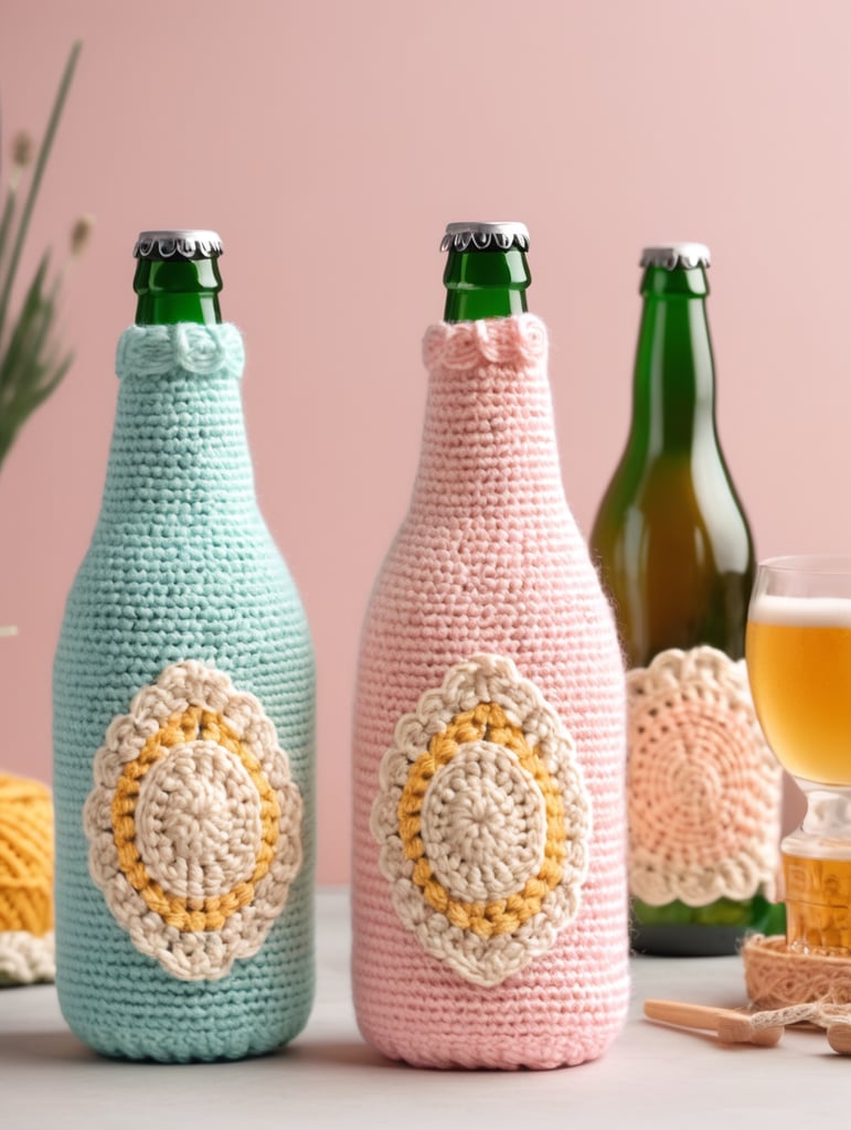 crochet beer bottle cute pastel colours, mockup, mock up