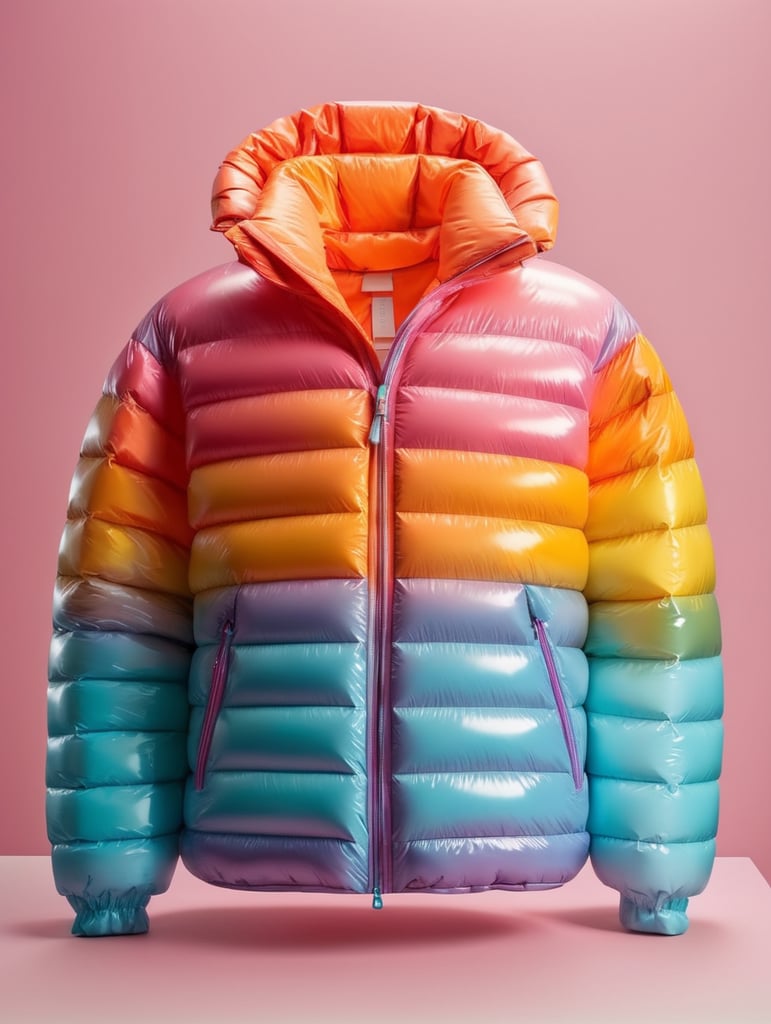 super Glossy colorful puffer jacket, oversize, on white background, isolated, mockup