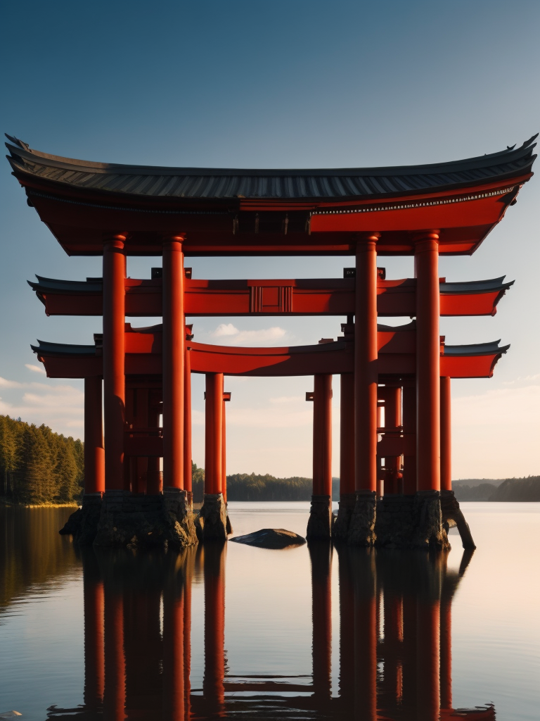 Red torii gate in middle of a lake, Dense forest on the edge of the lake, Bright and saturated colors, Japanese culture, photorealistic, contrast light