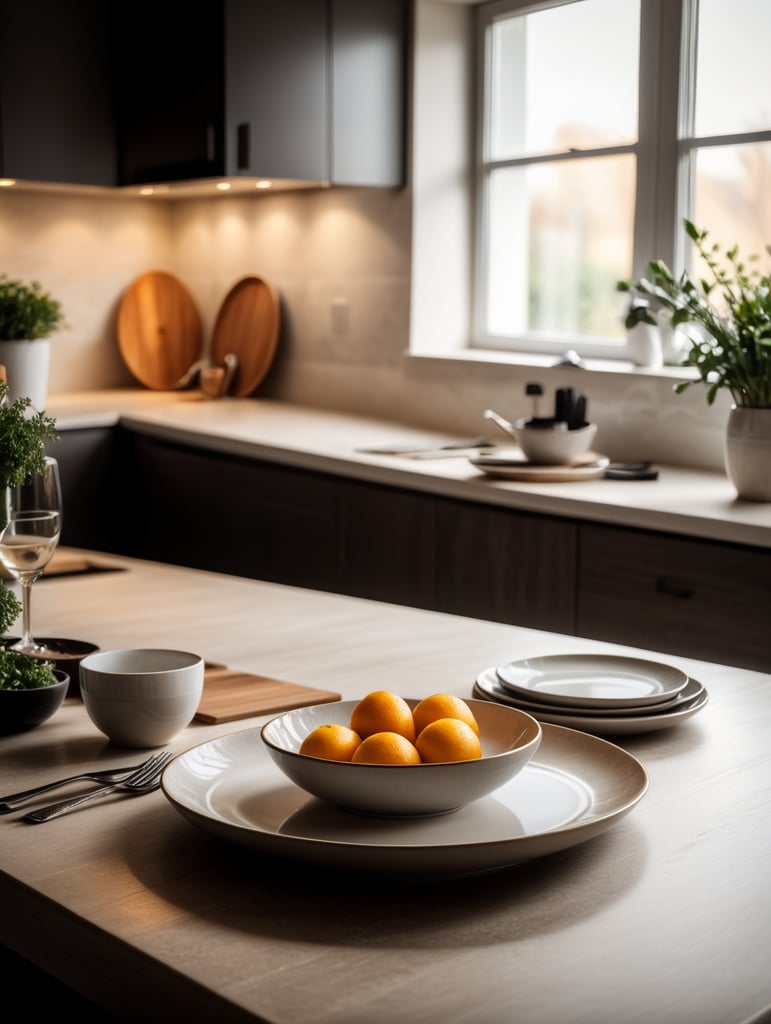 modern kitchen table, empty plate, mockup