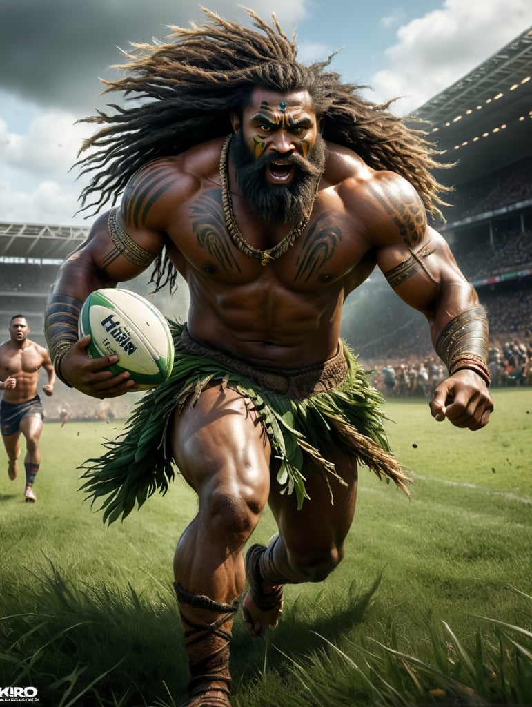 A Fijian warrior with long hair dressed in grass skirts running with a rugby ball in his hand, scoring a try🏉