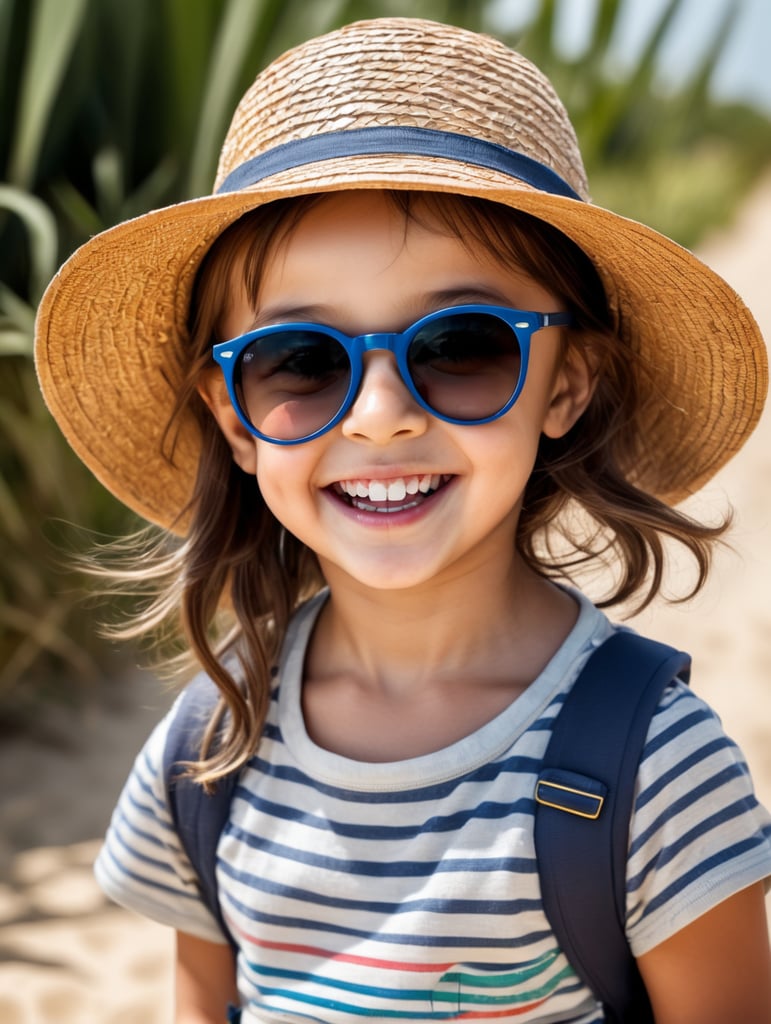 photo happy little girl going to travel, cute girl, Striped T-shirt, straw hat, sunglasses, harpers bizarre, cover, headshot, hyper realistic