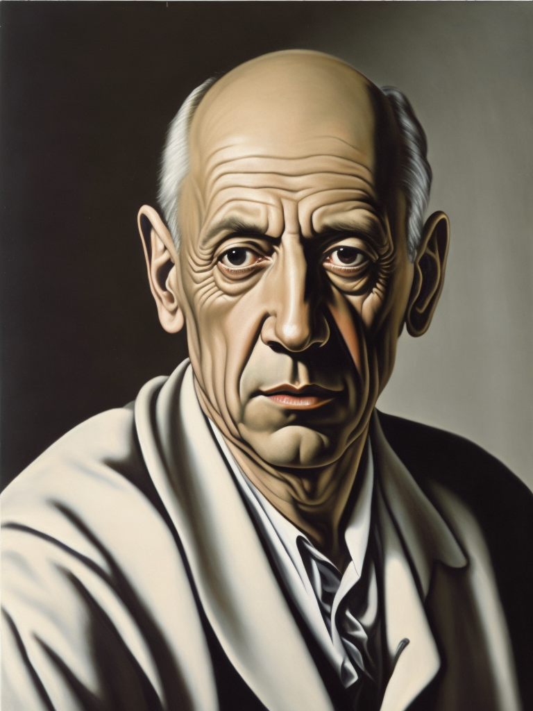A painting of a Pablo Picasso, aged Pablo Picasso in the art deco style of Tamara de Lempicka.