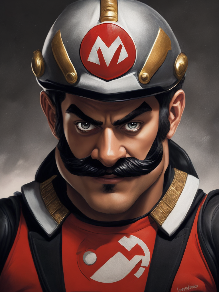 Super Mario Bros new movie close-up portraiture, in the style of swagger, hard edge painting, devilcore, dynamic portrait, expressive face, oil on panel, red and black, gold and silver, les nabis
