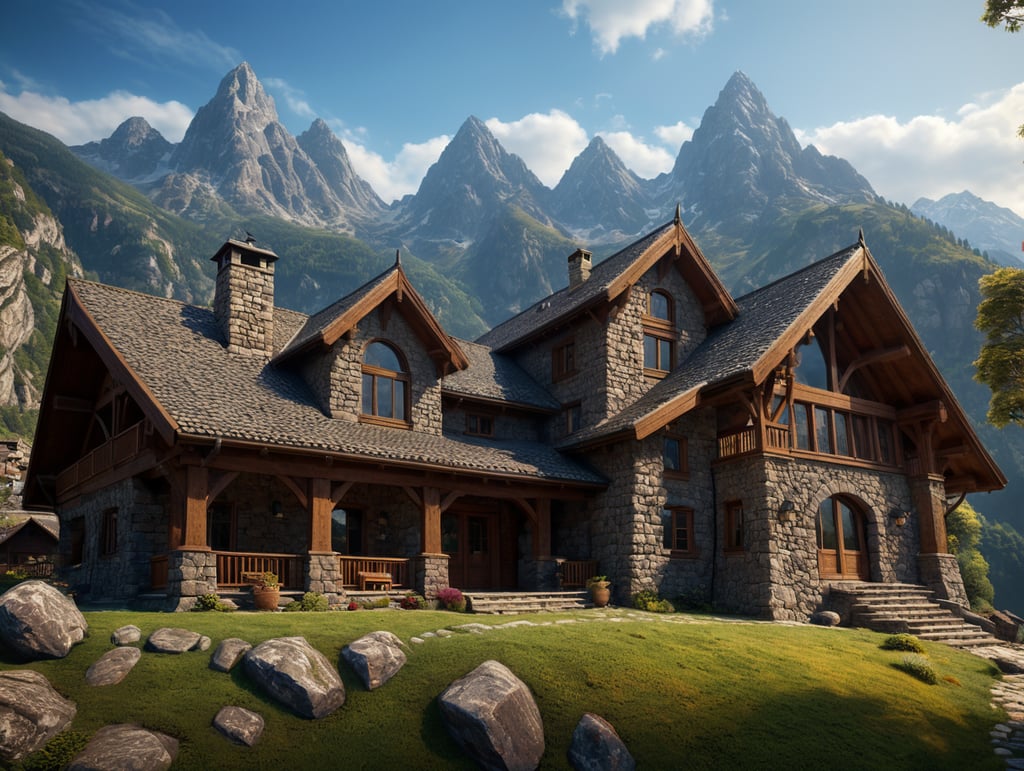 mountain house built of stone, with large windows, mountains in the background