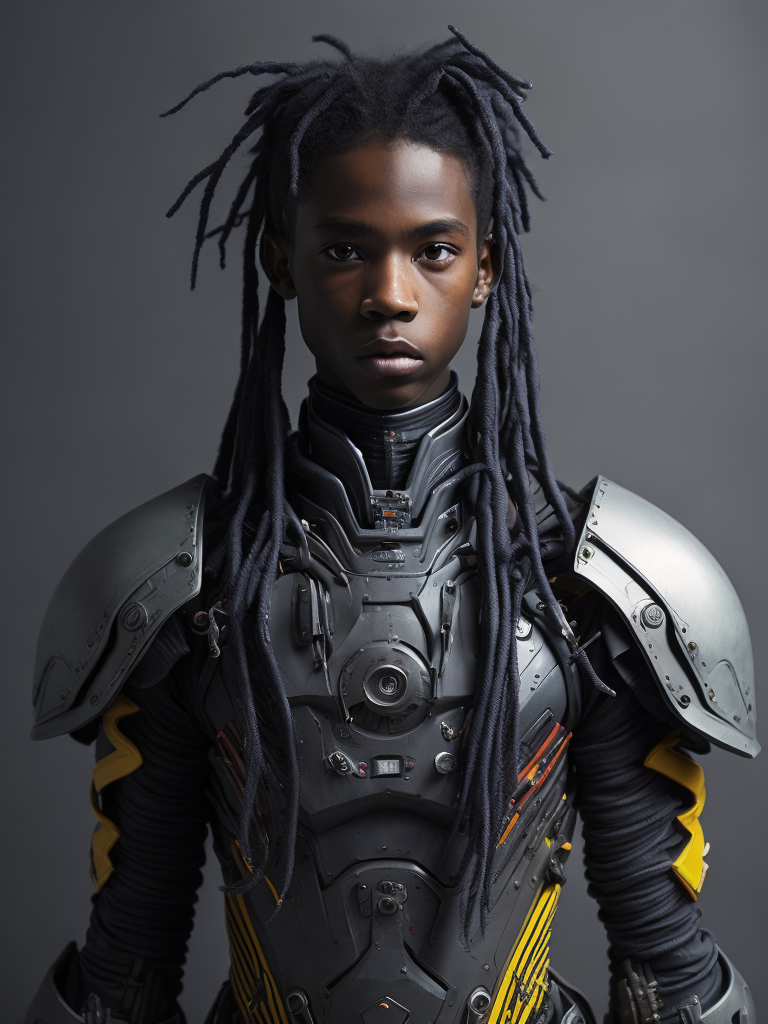16 year old black Trinidadian boy with long hanging dreads, light weight polymer battle suit, Multicolored aura Preset: Hand-drawn