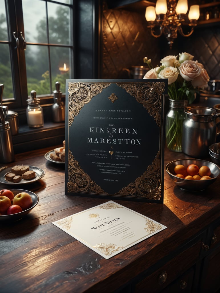 wedding invitation on the kitchen bench. nice moody light