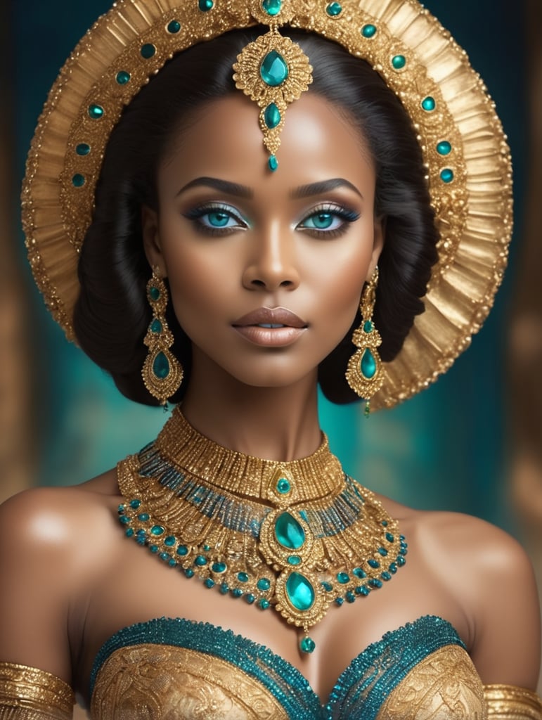 A light skin African lady have beautiful blue emerald eyes, dressed in ancient golden coloured gown with ebony beads on her hands, legs and waist. Her hair dark looking like a goddess.